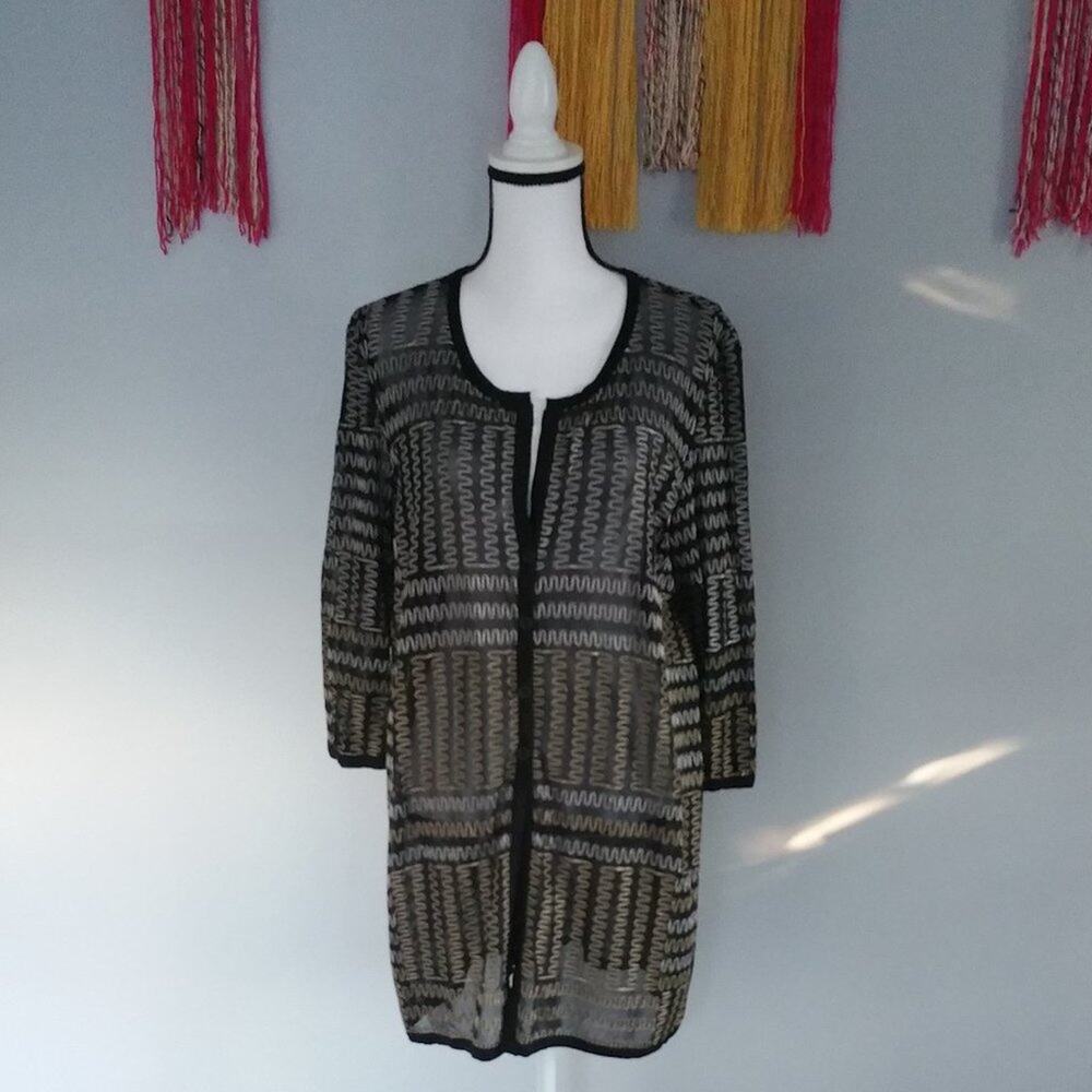 Peck & Peck Women's Black Tribal Print Sheer Button Down Shirt Size L
